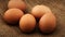 Five fresh brown chicken eggs rotating on burlap background