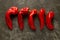 Five fresh ugly red sweet peppers lie on a dark background. Place for text. Ugly food