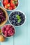 Five Fruits Overhead on Blue Plank Table