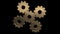 Five gold gears spinning . Black background. Alpha channel