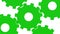 Five green gears rotate . White background. Alpha channel. Close up