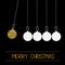 Five hanging christmas ball toy. Dash line. White and gold glitter. Perpetual motion. Black background.