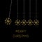 Five hanging snowflakes. Dash line. Gold glitter. Perpetual motion. Merry Christmas. Black background.
