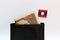 Five hundreds of banknote currency Lao Kip and mini Laos nation flag stick on the black wallet with white background