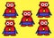 Five identical similar simple block cartoon illustrations of a cloaked super hero in red and blue bright yellow backdrop