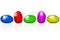 Five isolated pieces of rounded candy with reflection. Super sweet blue, red, green, pink, and yellow smarties in circular shape