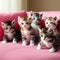 Five kittens are on a pink bed , cute mammals that exists in every home,cat generated illustration with ai