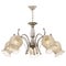 A five-lamp white chandelier with silver patting with transparent-matte glass shades