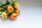 Five large cream roses on a white background. Festive background