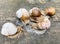 Five large forest snails on an abstract wooden surface.