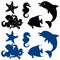 Five marine animals silhouette on white