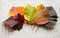 Five multi-colored bright autumn hawthorn leaves are maroon, yellow, orange and green against a white, ivory plain braided