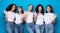 Five Multiethnic Women Waving Hand Smiling Posing On Blue Background