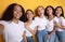 Five Multiracial Girls Making Selfie Posing Standing Over Yellow Background