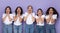 Five Multiracial Ladies Shouting In Excitement On Purple Studio Background