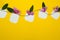 Five notes on a string with flowers on a yellow background, with space for text