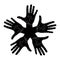 Five open hands abstract symbol, detailed black and white vector