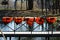 five orange lifejackets hang on the railing near the pier at the boat station. Gatchina, Russia.