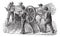 Five people using threshing machine also known as  thrashing machine vintage engraving