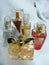 Five perfume bottles on white