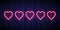 Five pink neon hearts rating design element isolated on blue curtain background. Vector neon heart shapes for ranking