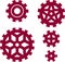 Five plain and flat cogs or gears in red color