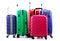 Five plastic suitcases on white