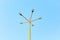 Five pointed outdoor street mast area lighting pole with LED lamps. Concept of modern lighting fixtures with copy space.