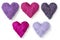 Five purple wool hearts