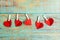 Five red hearts on wooden pegs on a rope
