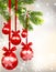Five shiny glossy red balls with bows and fir tree branch on beautiful Christmas background. Hang on a tape among