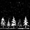 Five silhouettes of Christmas tree in the snow, night sky and snowfall. black and white greeting card. Winter symbols