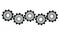 Five silver gears spinning in different directions. White background. Alpha channel