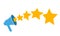 A five star customer rating product jump out of a megaphone. 5 gold stars rating
