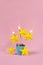 Five stars review with yellow star shape and sparklers exploding from blue gift box on pastel pink background