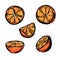 Five stylized pieces of orange.