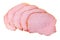 Five thin slices of pink smoked ham isolated.