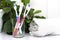 Five toothbrushes in a glass cup mouthwash and a rolled up towel on the dressing table against a backdrop of green foliage