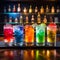 Five vibrant cocktails on a bar.