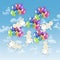 Five white babies flying on colorful balloons in the sky