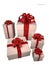 Five white gift boxes with red ribbon