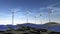 Five Wind Power systems with some animated Solar Panels and a blue sky