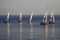 Five yachts in a group on a sunny evening
