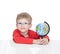The five-year-old boy in blue points sits at a white table and holds the globe