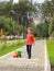 Five year old boy pulling a bright colorful truck among greenery in the park. Candid portrait