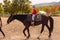 A five-year-old child rides a horse