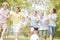 Five young friends playing soccer