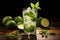 Fizzy Mojito cocktail green glass. Generate Ai