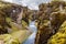 Fjadrargljufur canyon steep cliffs and waters of Fjadra river, s