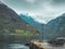 Fjord Geiranger Fjord with ferry boats, view from Ornesvingen viewing point, Norway. Travel destination